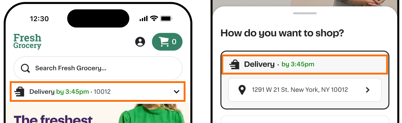 Shows two screens. The first highlights a delivery option “Delivery by 3:45pm” with location details in a grocery app&#39;s search interface. The second screen asks, “How do you want to shop?” with an identical delivery option and address selection.