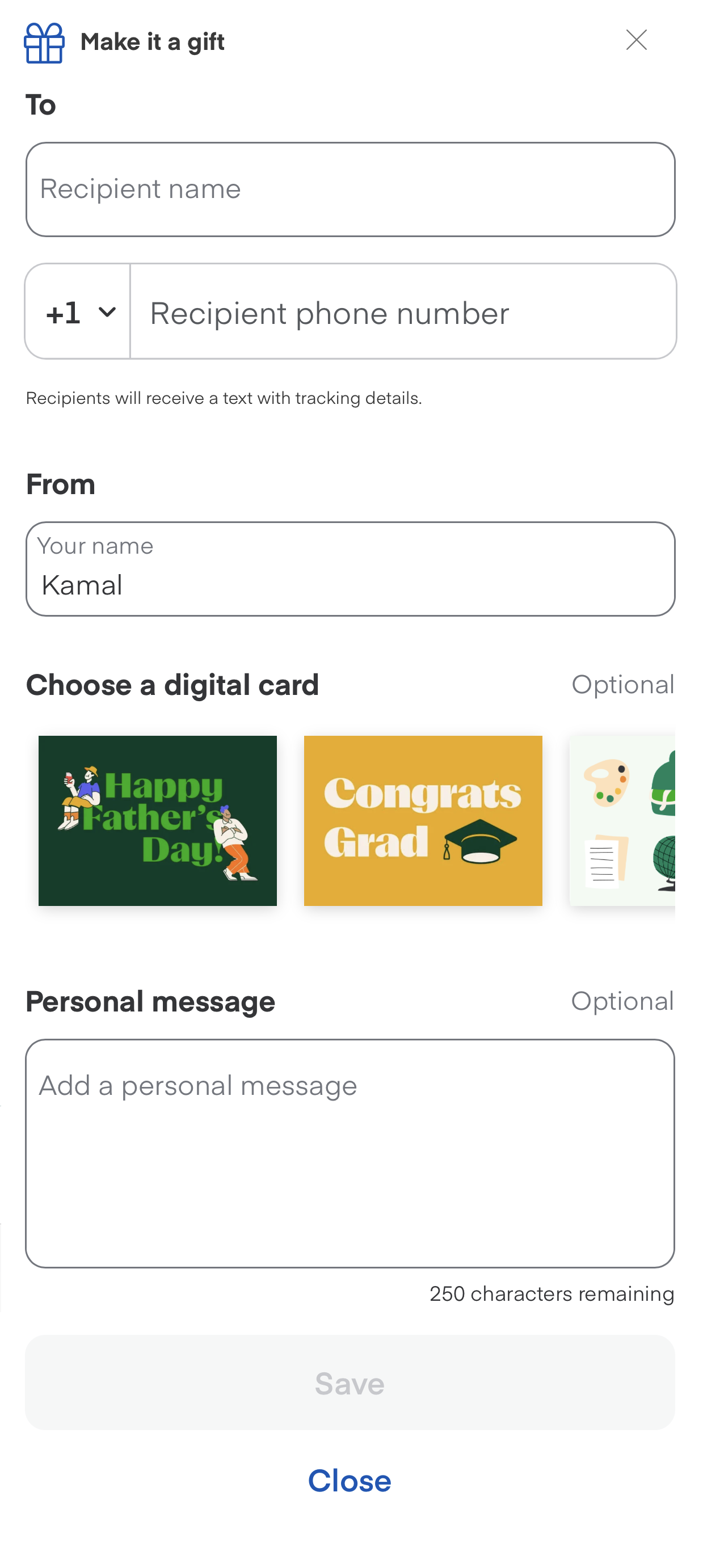 Shows the gifting section, which contains the To and From fields, the Choose a digital card option, and the Personal message field.