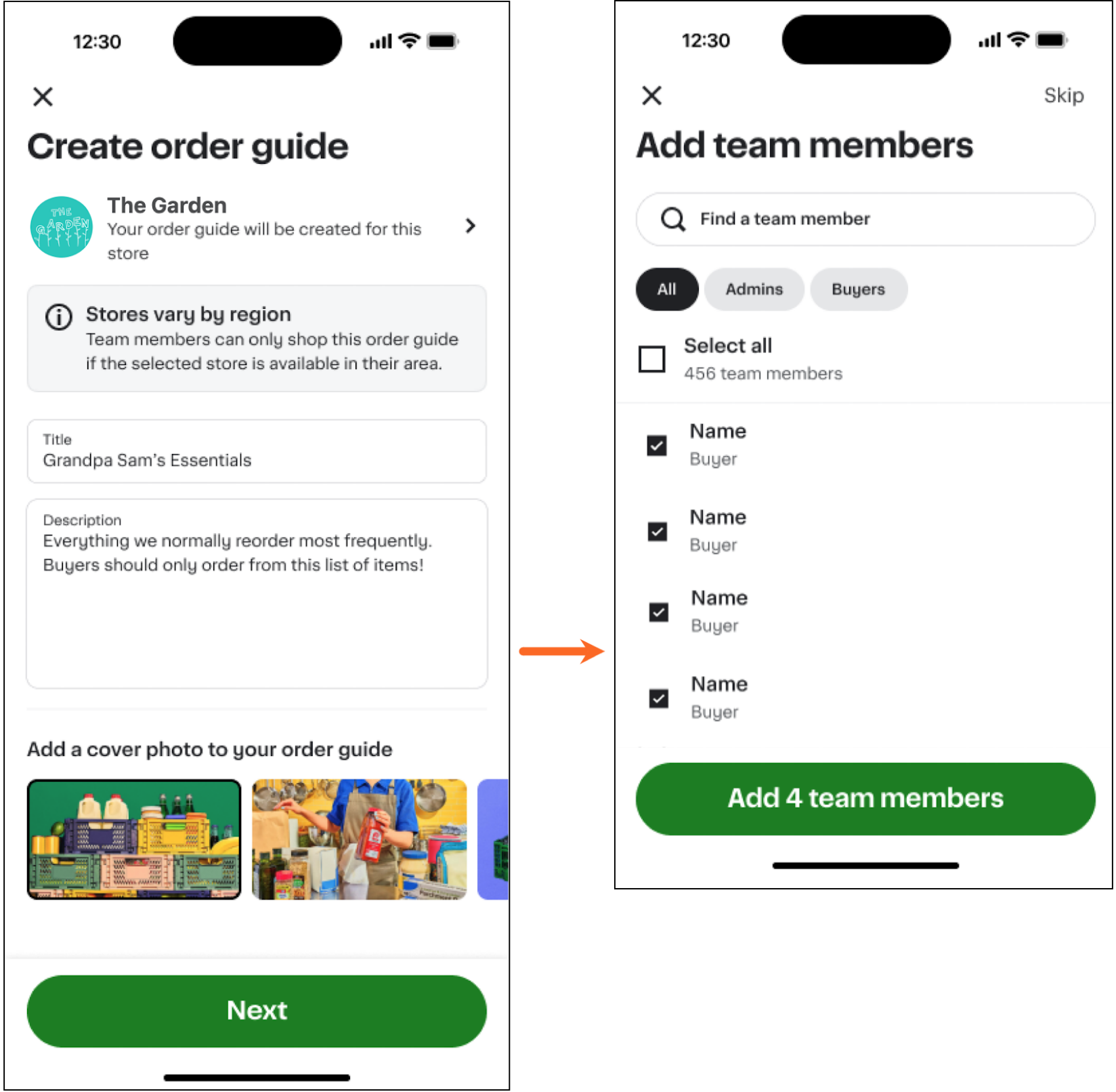 Shows two screens. The first is a Create order guide page with fields for title, description, and cover photo selection. The second is an Add team members page with a search bar, filters, member list, and an Add 4 team members button.