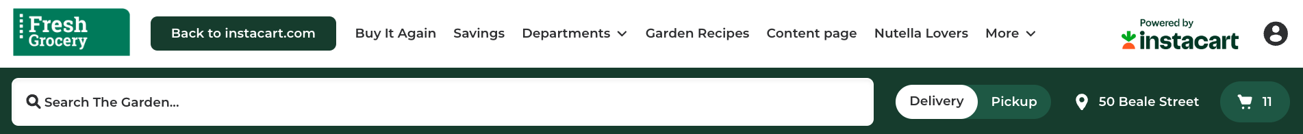 Shows the header. The navigation bar, which includes the logo, navigation, and links, uses a white background. The essential elements, which includes the search bar, shopping context, store address, earliest available time slot, and cart, uses a green background.