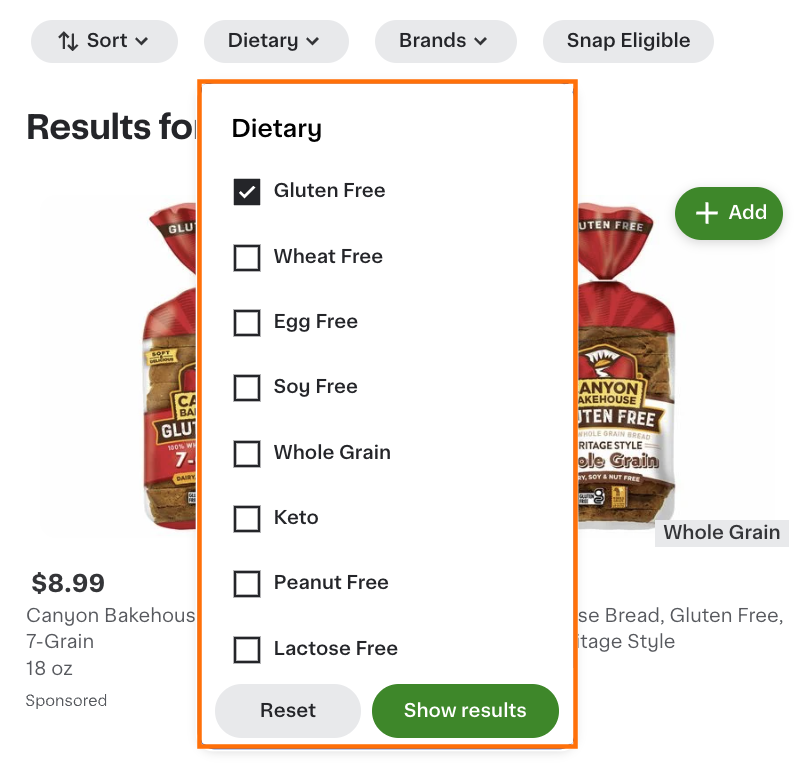 Shows a filtering menu for dietary preferences, including options like Gluten Free, Wheat Free, Egg Free, Soy Free, Whole Grain, Keto, Peanut Free, and Lactose Free.