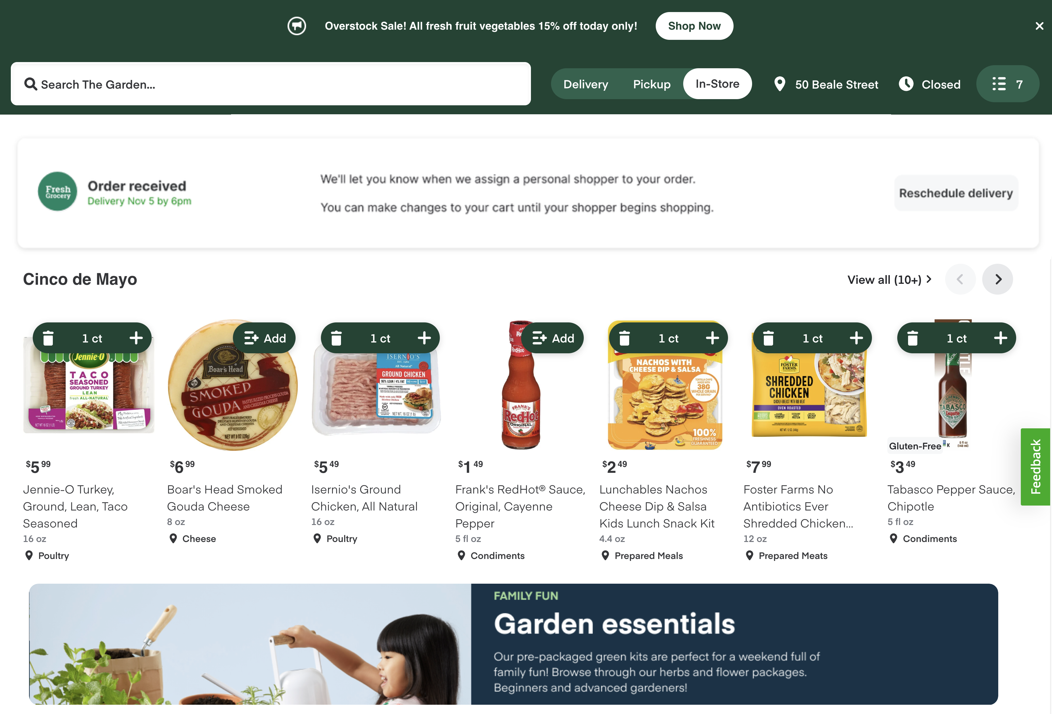 Shows a custom homepage. A custom cinco de mayo collection appears as the first collection after the header. A primary banner appears after the collection.