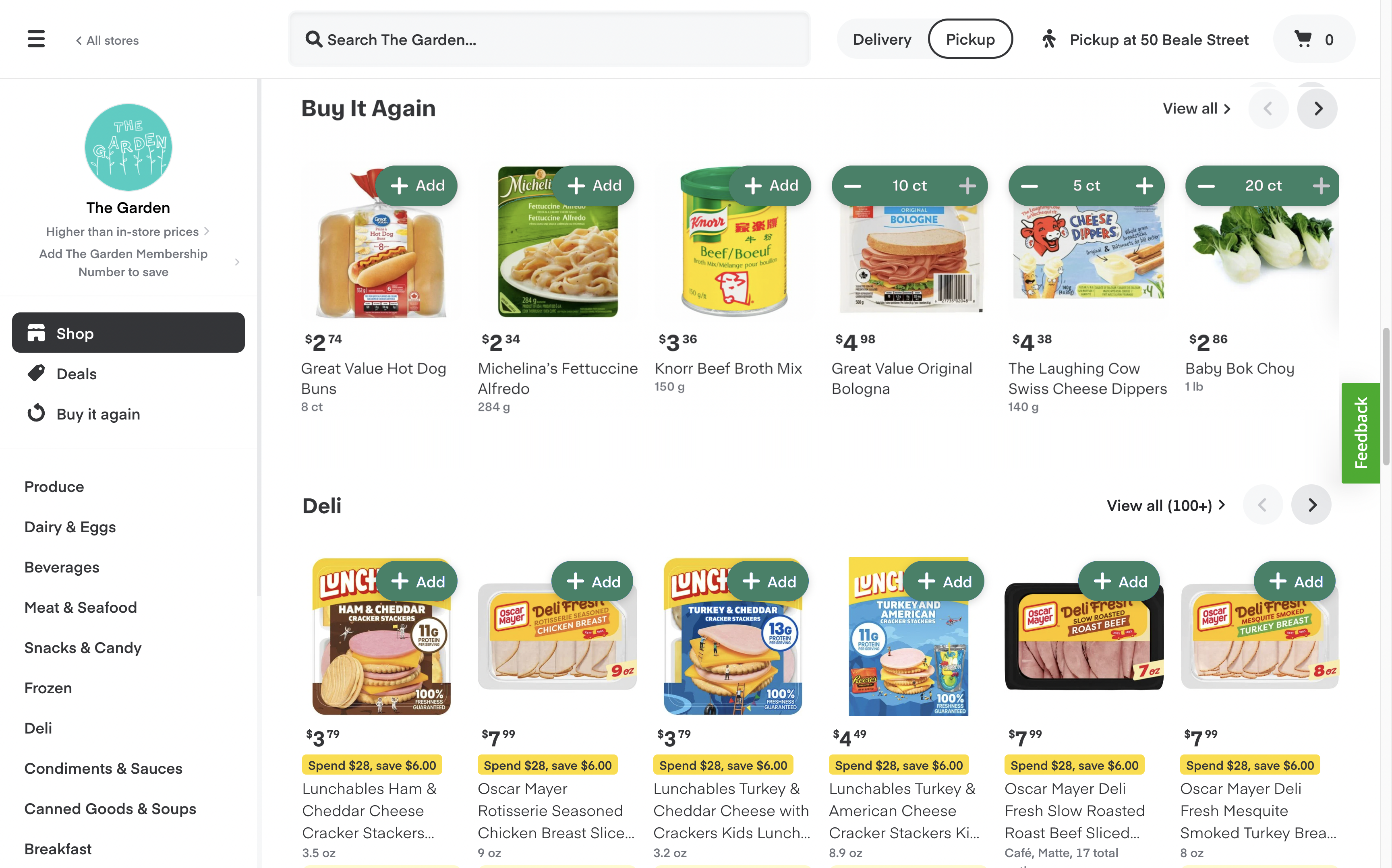 Shows the ML-driven homepage. The Buy it again collection appears as the first collection after the header. The Deli collection appears after the Buy it again collection.