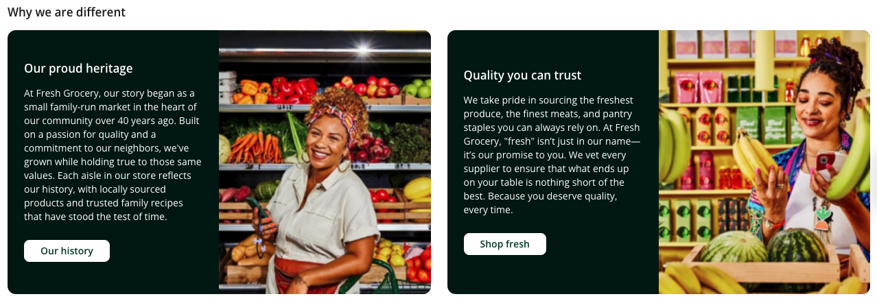 Shows two card sections titled "Our proud heritage" and "Quality you can trust," featuring smiling individuals in grocery settings with colorful produce in the background. Each card features an image, text, and button.