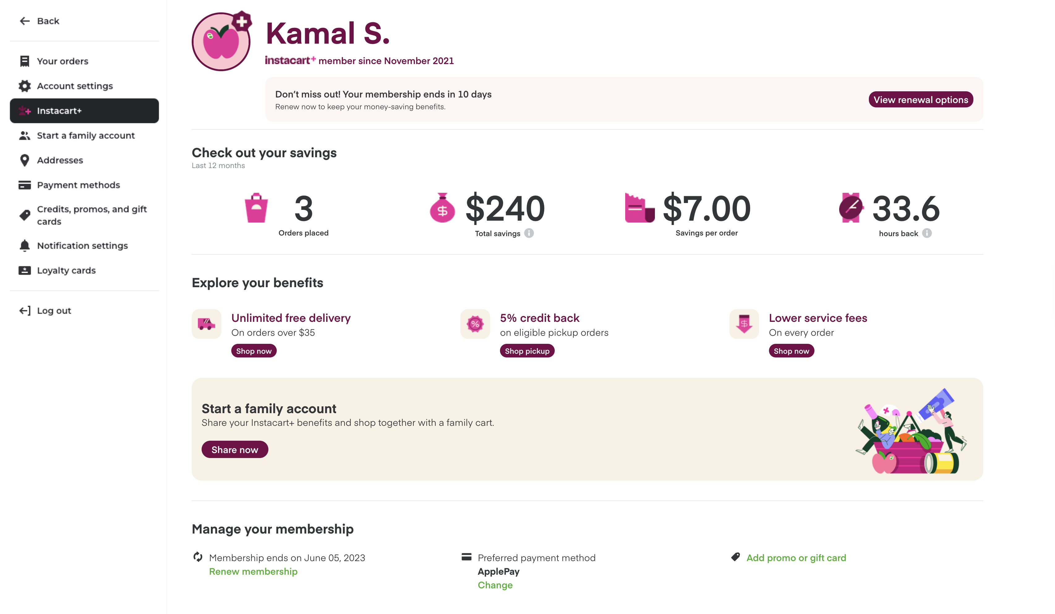 Shows the Instacart+ membership page of a customer with membership details.