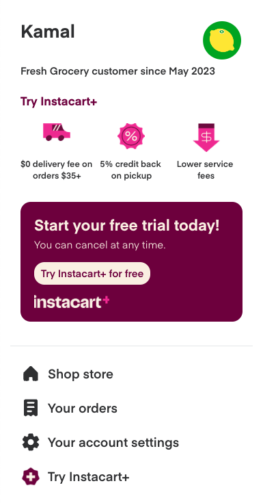 The Instacart+ trial signup shows in the account menu.