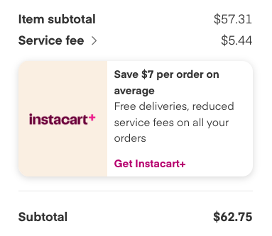 The Instacart+ trial signup shows in the checkout totals.