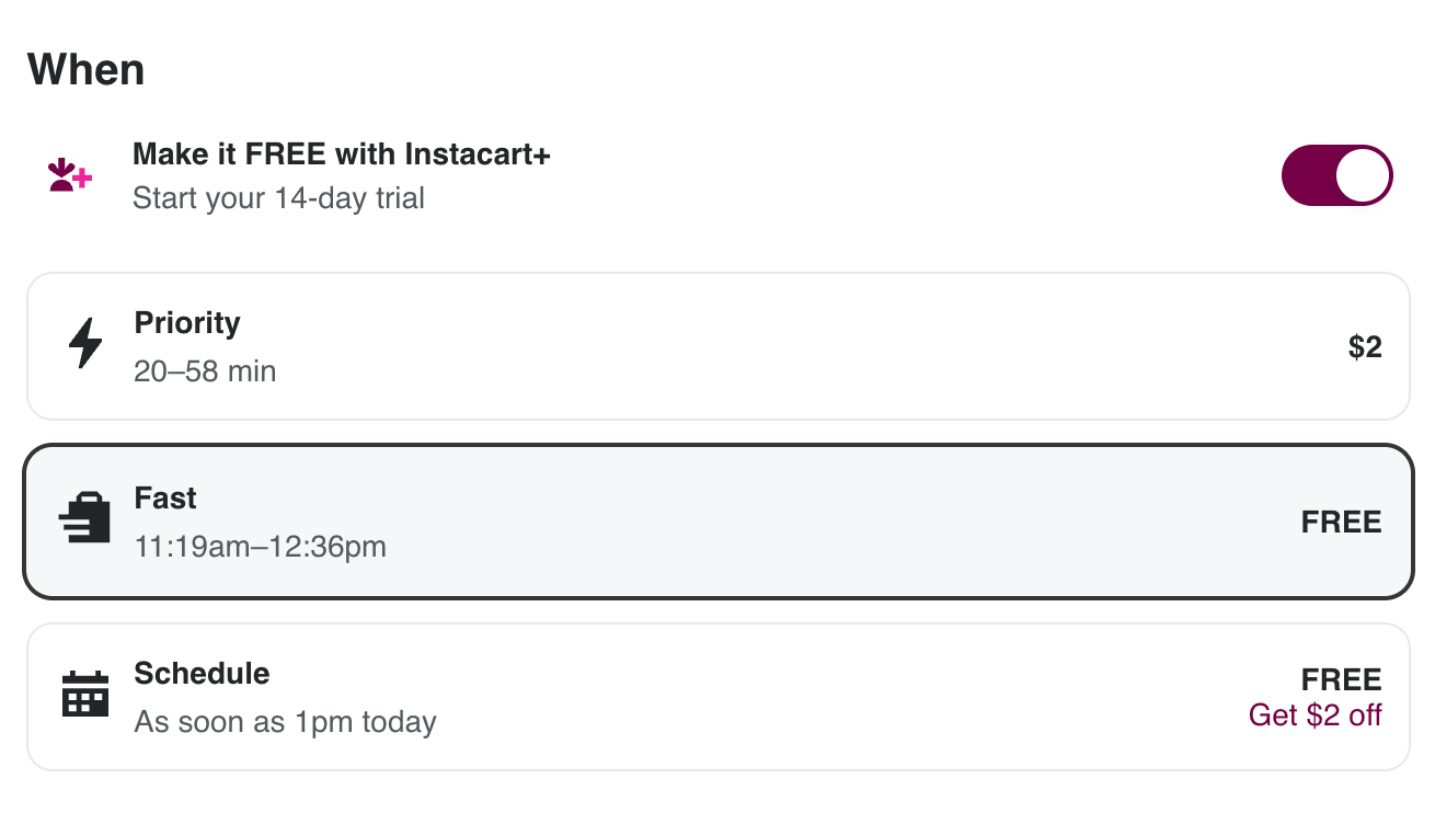 The Instacart+ trial signup shows in the checkout toggle.