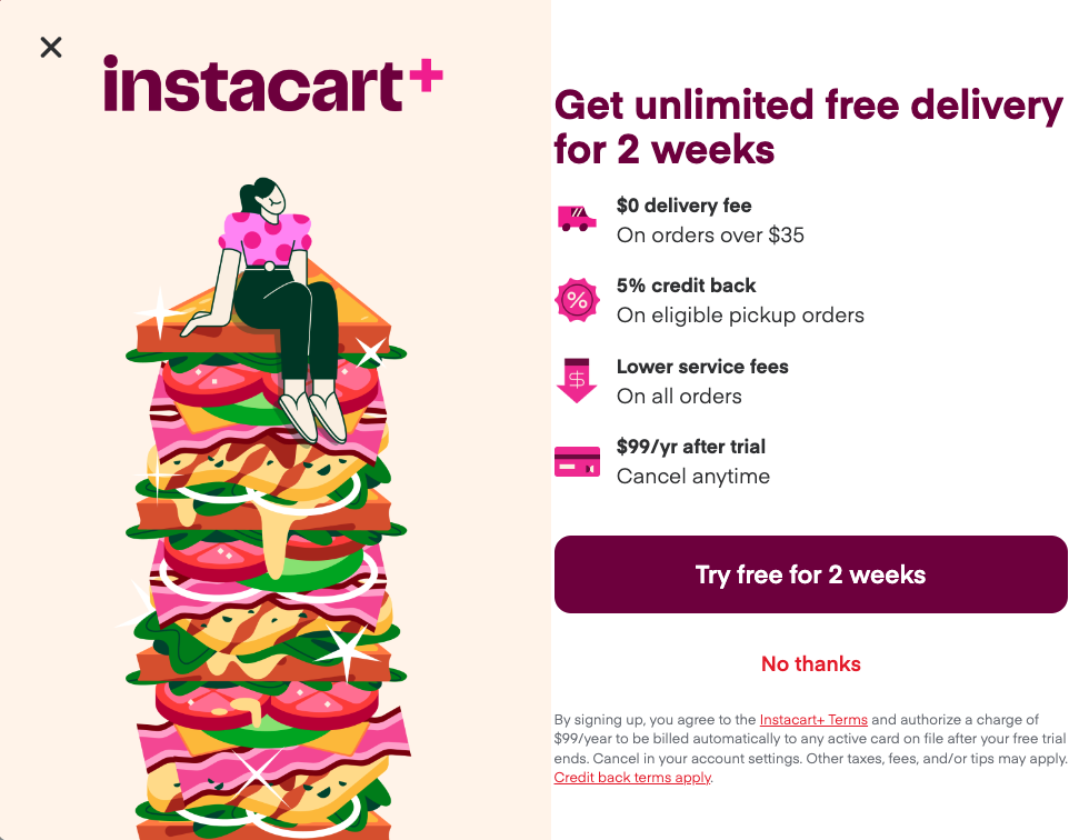 The Instacart+ trial signup that appears after customers log in.