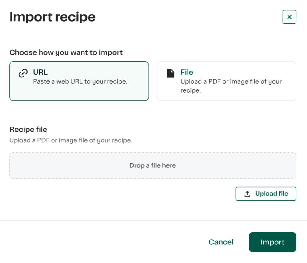 Shows import recipe option
