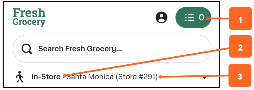 Shows the storefront header on mobile web with the In-Store shopping context selected. Callout number 1 points to the cart button that includes a shopping list icon. Callout number 2 indicates the in-store context. Callout number 3 points to the store address and store name.