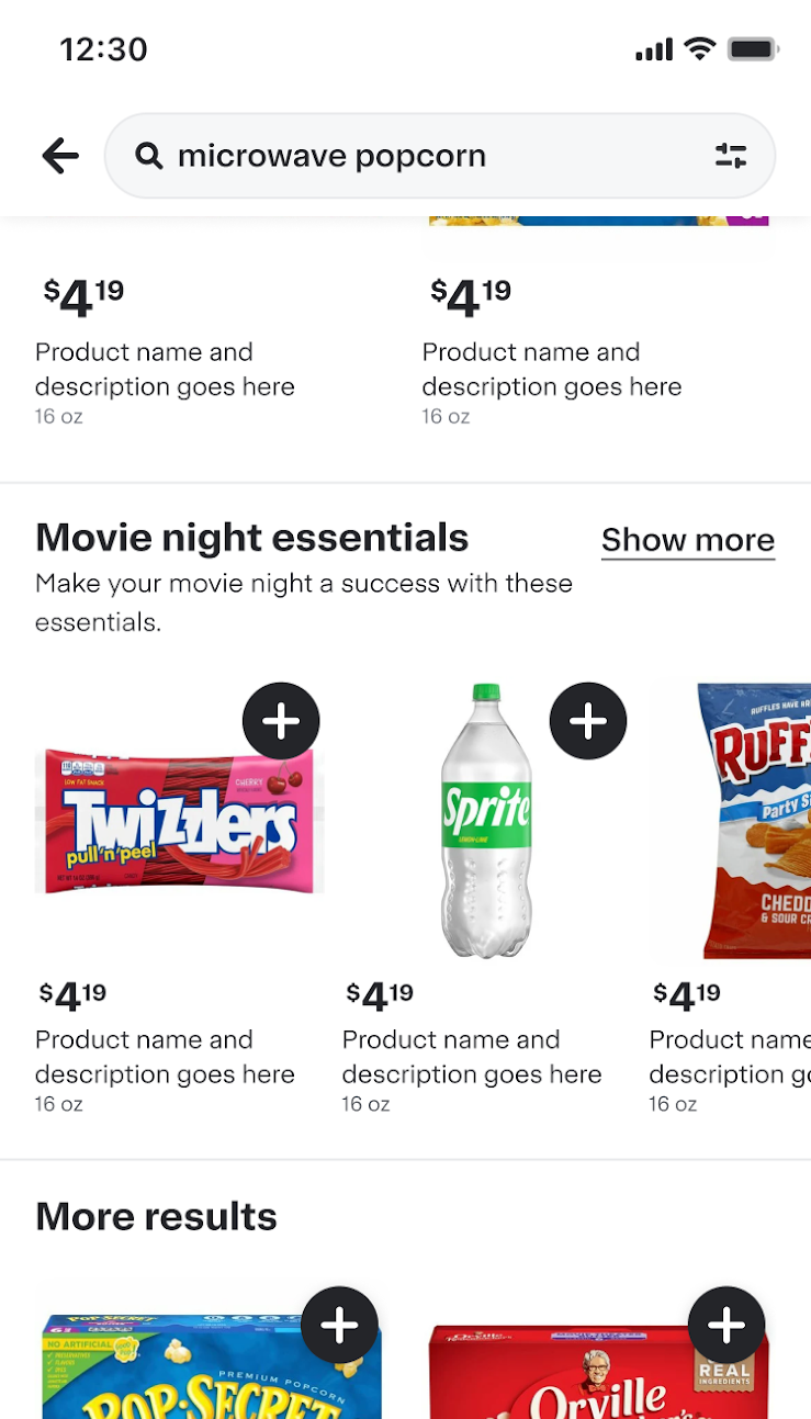 Shows the search results page for &quot;microwave popcorn,&quot; highlighting &quot;Movie night essentials&quot; which includes products like Twizzlers, Sprite, and Ruffles.