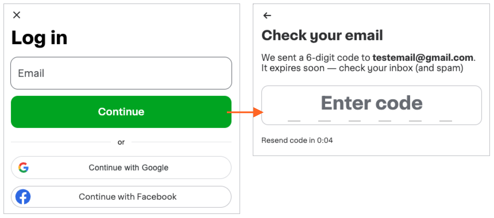 Shows the login flow. The first image shows the log in form with the email field and &quot;Continue&quot; button. The second image shows where customers enter their verifcation code.