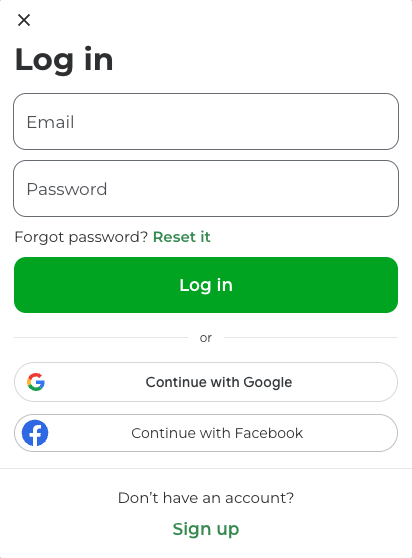 Shows the log in form with the email and password fields.