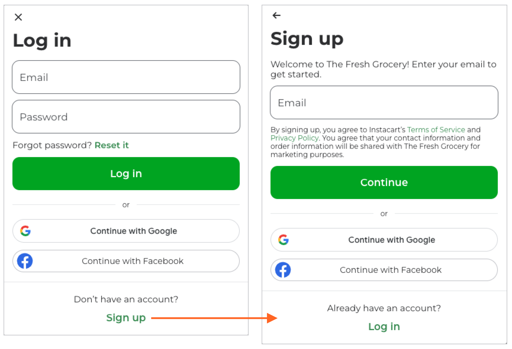 Shows the log in form and the sign up form. The sign up form contains an email field.