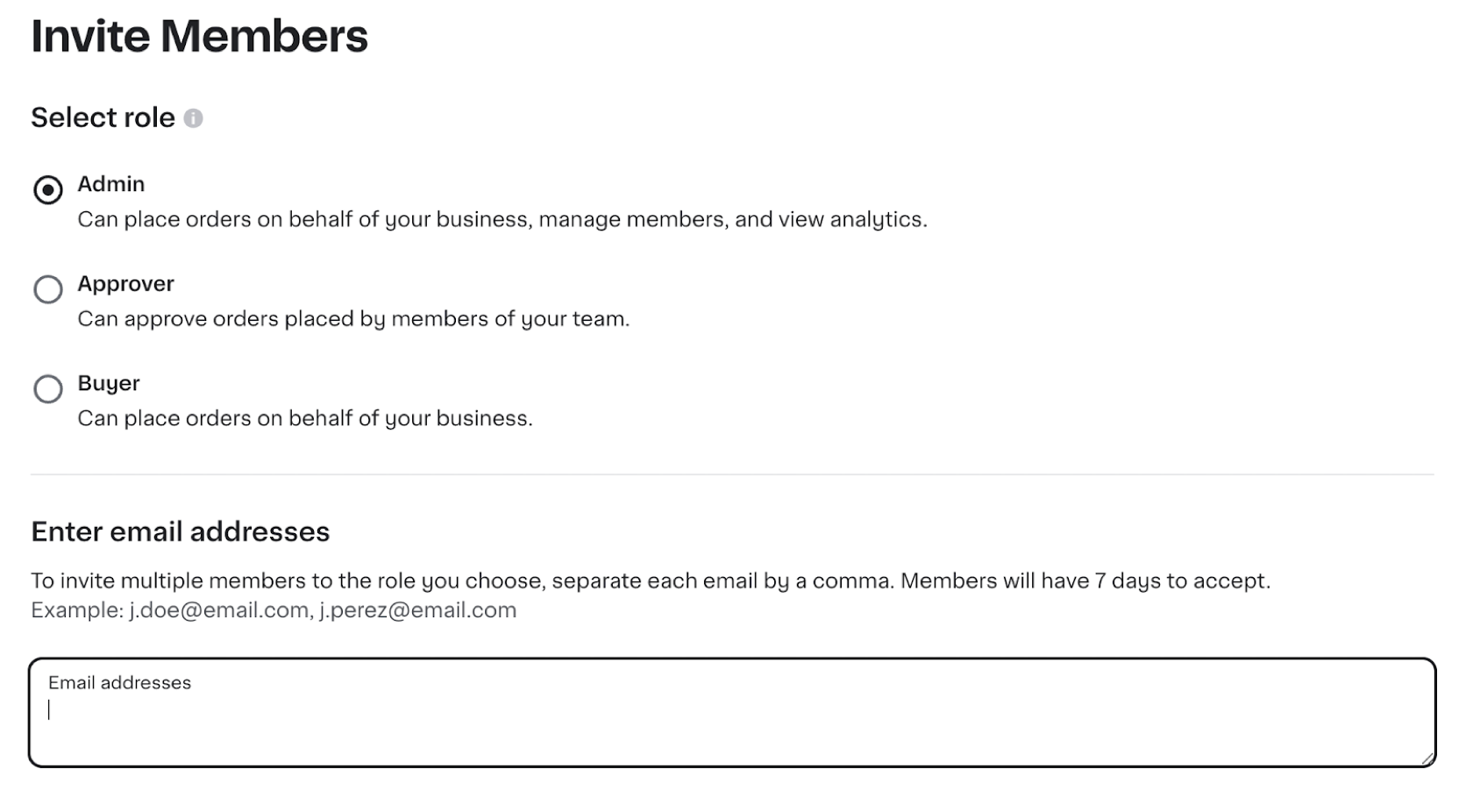 Shows an Invite Members page with role selection options for Admin, Approver, and Buyer, and a field to enter email addresses for invitations.