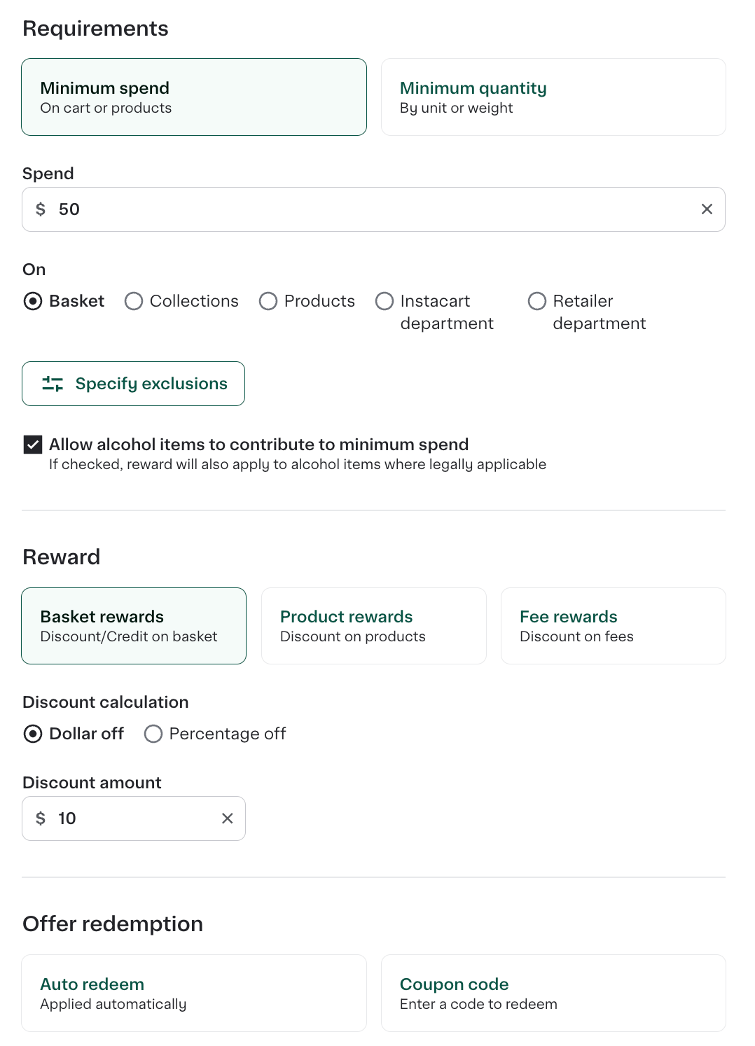 Shows a basket offer for Spend $50, Get $10 off in the offers panel of a campaign.