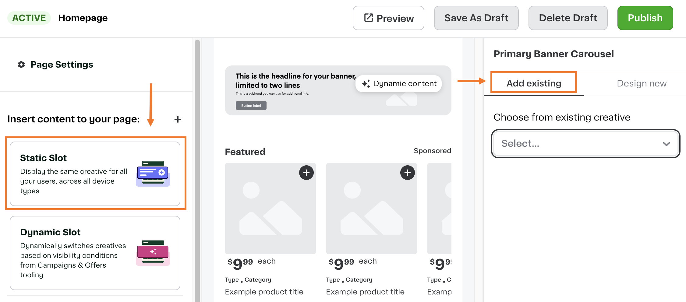 Shows the &quot;Static Slot&quot; and &quot;Add existing&quot; options in Instacart Platform Portal.