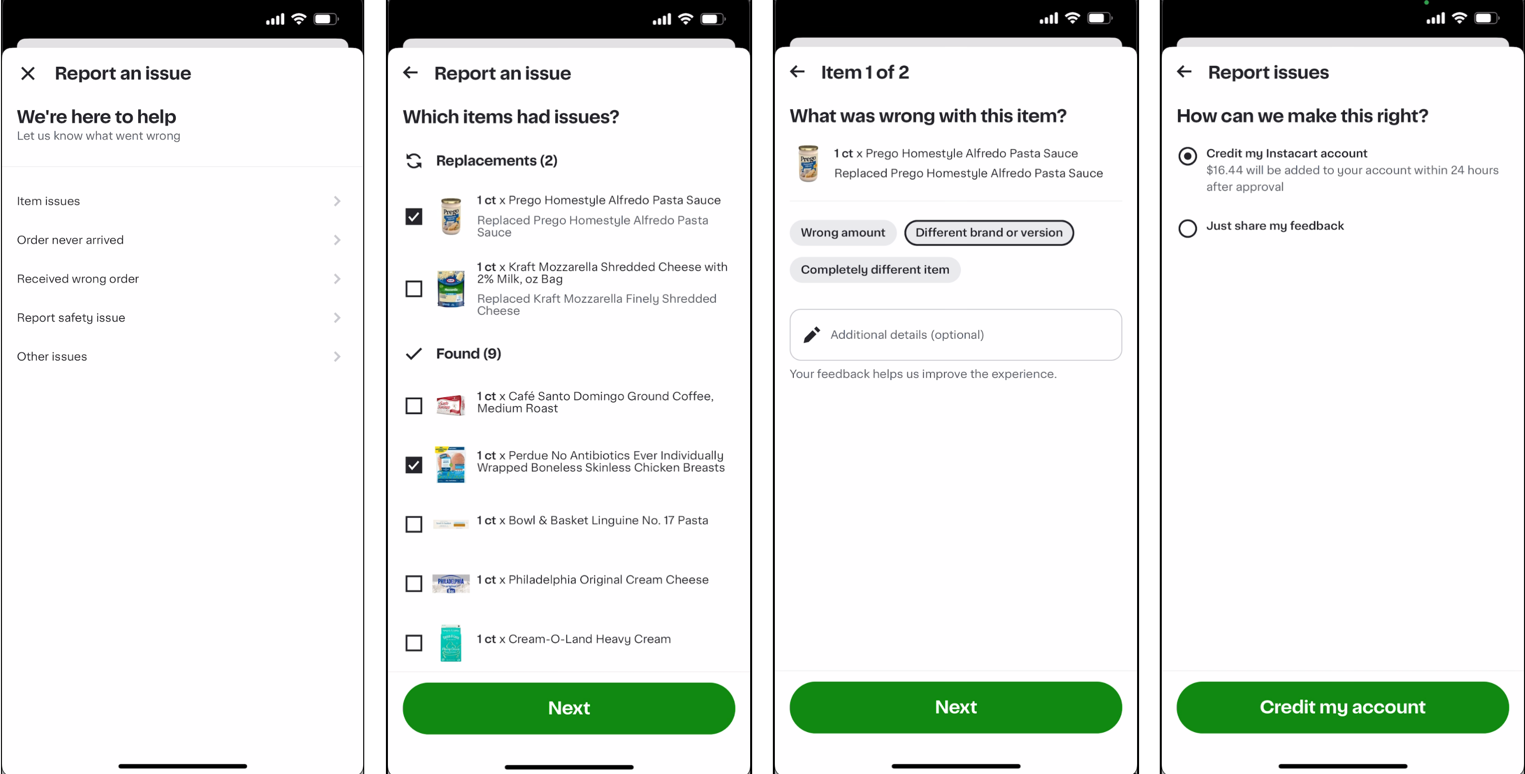 Shows a multi-step process for reporting an issue with an Instacart order, including choosing an issue type, selecting impacted items, describing the problem, and resolving it with options like credit or feedback.