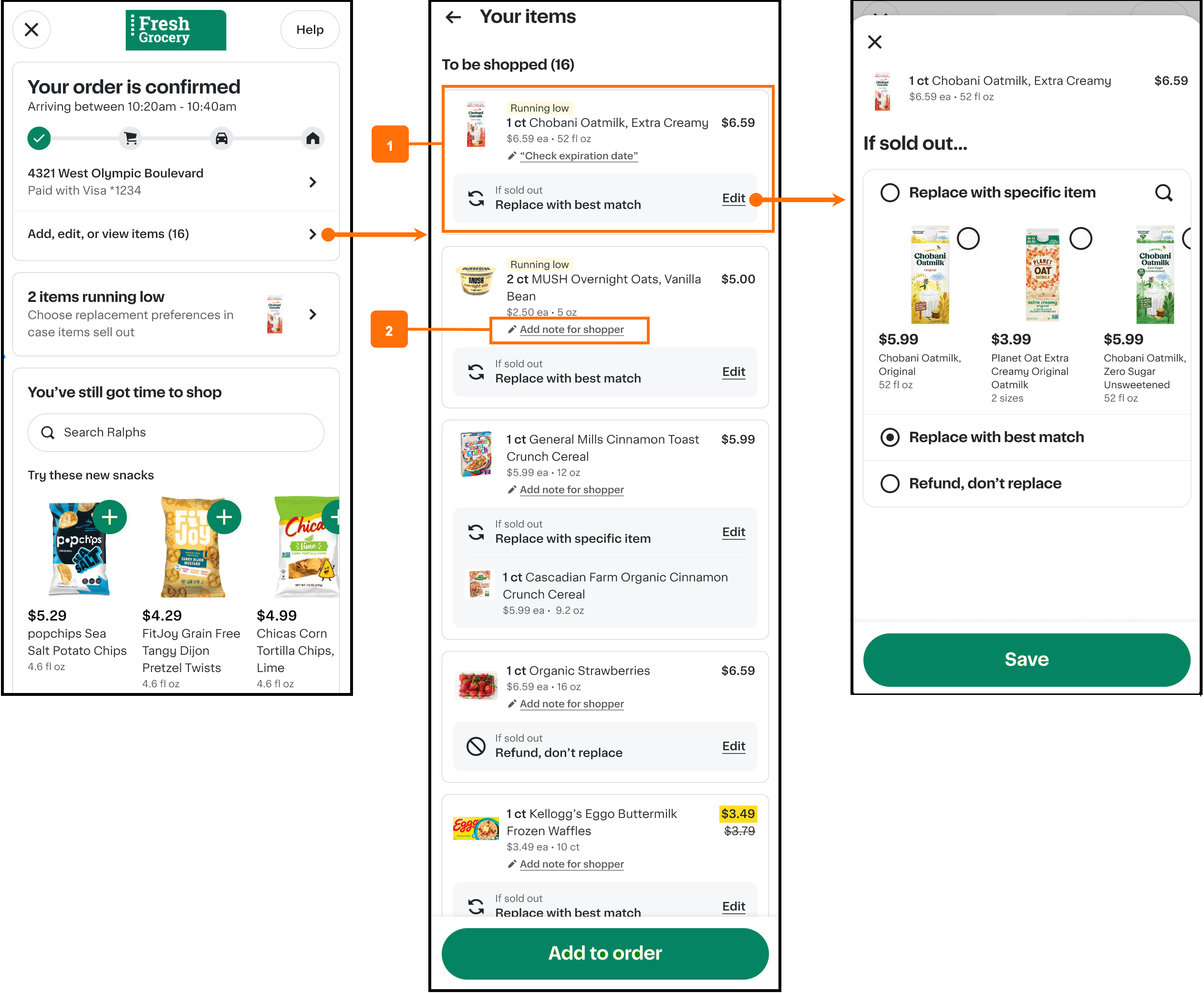 Shows an order confirmation page highlighting &quot;2 items running low.&quot; The second screen lists items with replacement preferences, and the third screen allows selecting replacements or opting for no replacement.