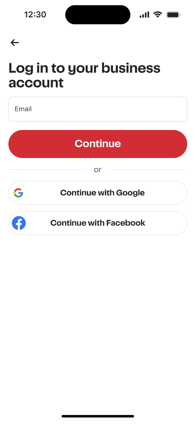 Shows a Log in to your business account page with an email input field, a red Continue button, and options to log in with Google or Facebook.