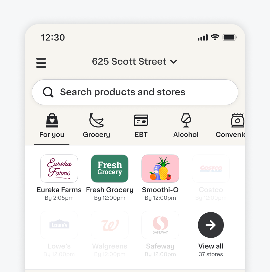 Shows the Instacart Marketplace homepage. The stores list shows the store names and their logos. 