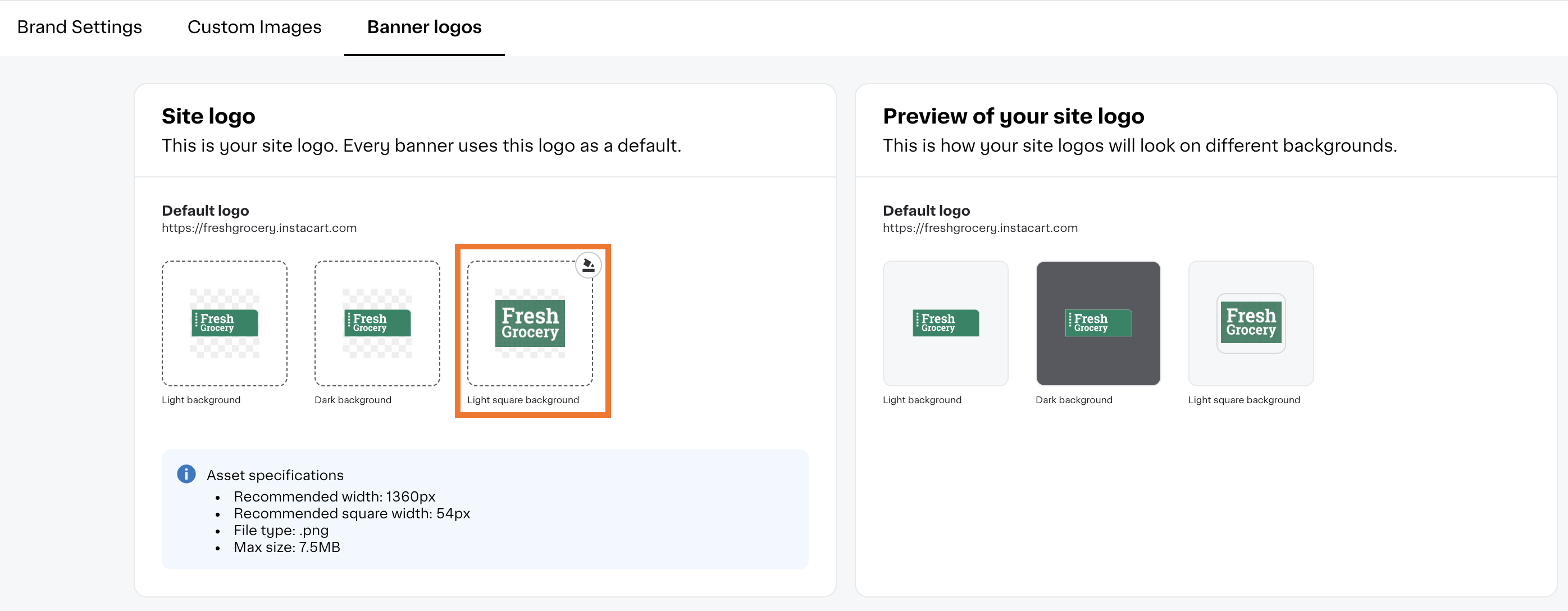 Shows the Banner logos tab in the Storefront branding tool in Instacart Platform Portal. The option for uploading a light square background logo is highlighted.