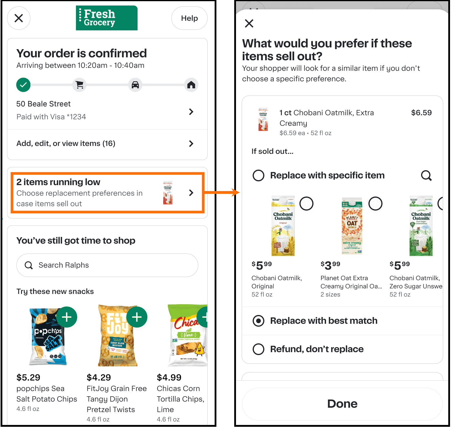 Shows an order confirmation page with an alert for &quot;2 items running low.&quot; A replacement menu allows selecting a specific alternative, a best match, or a refund option.