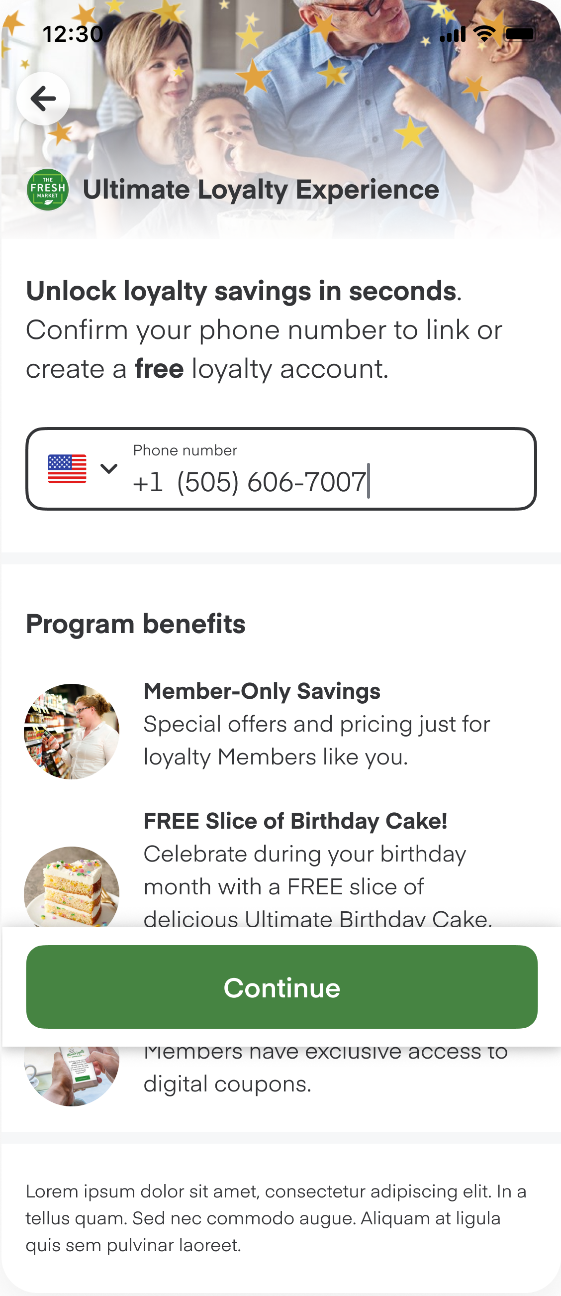 Shows an example program page for Fresh Rewards, which is a fictional rewards program.