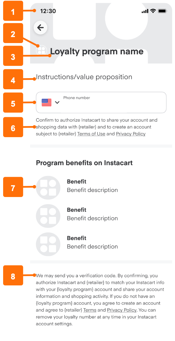 Shows the template for the loyalty program page. The callouts are described below the image.