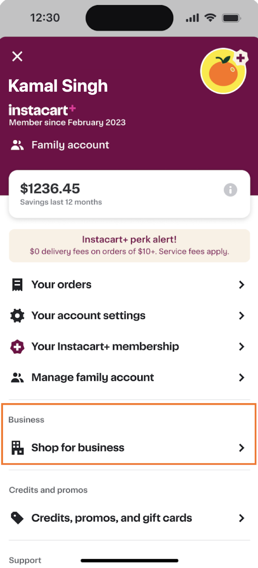 Shows a user account dashboard with savings displayed as $1236.45, options for orders, account settings, membership, family account, and a highlighted &quot;Shop for business&quot; section.