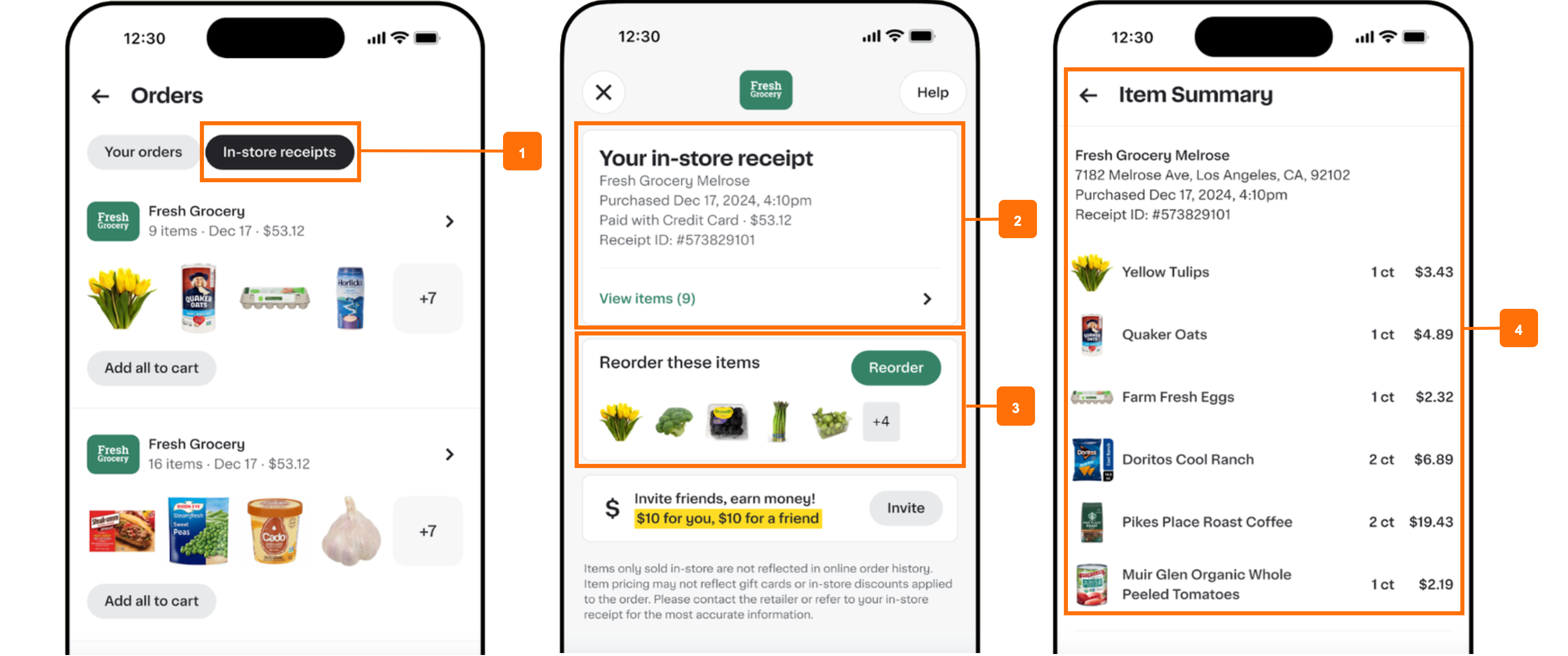 Shows an order history interface with in-store receipts, including purchase details, itemized receipts, and options to reorder items or invite friends for referral credits.