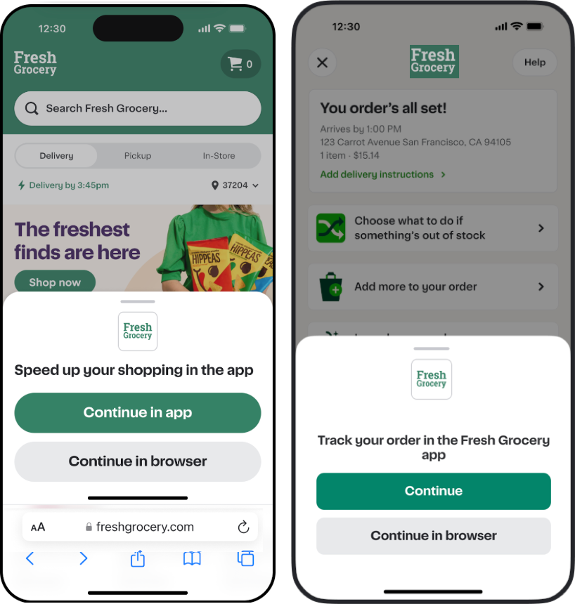 Shows the prompts encouraging customers to download the mobile app. A customer can download the app or continue in the browser.