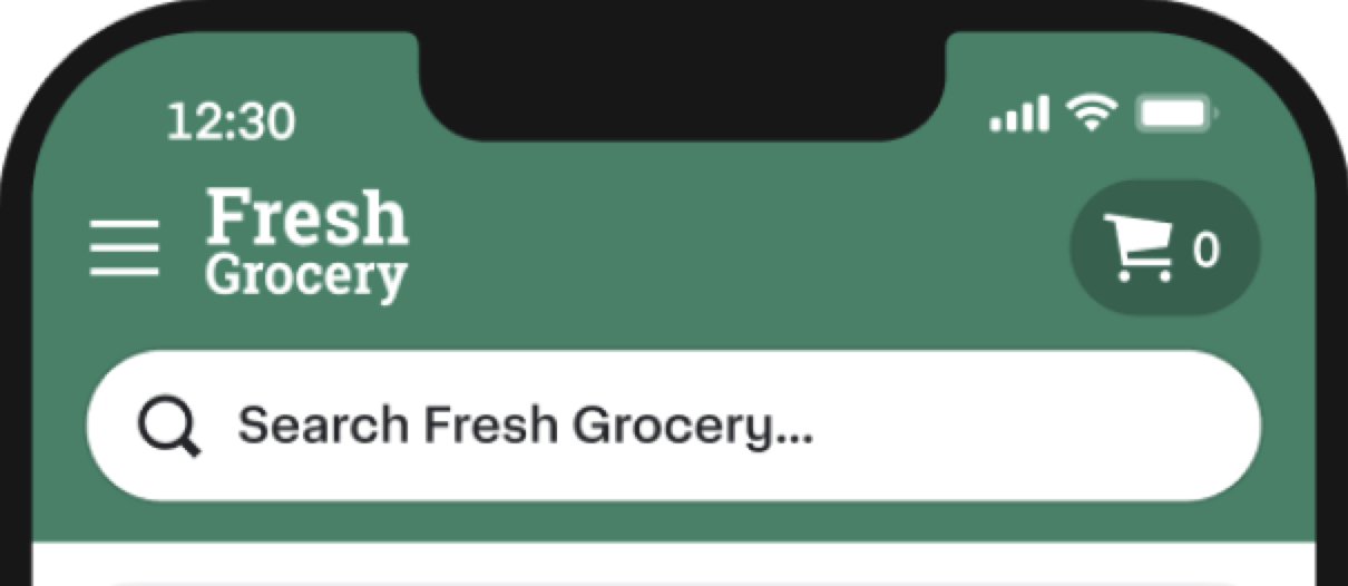 Shows a mobile web browser interface header for Fresh Grocery with a logo, menu icon, and search bar. The top right corner displays a shopping cart icon with zero items.