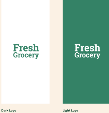 Shows the &quot;Fresh Grocery&quot; logo in two variations: a green logo on a white background labeled &quot;Dark Logo,&quot; and a white logo on a green background labeled &quot;Light Logo.&quot;