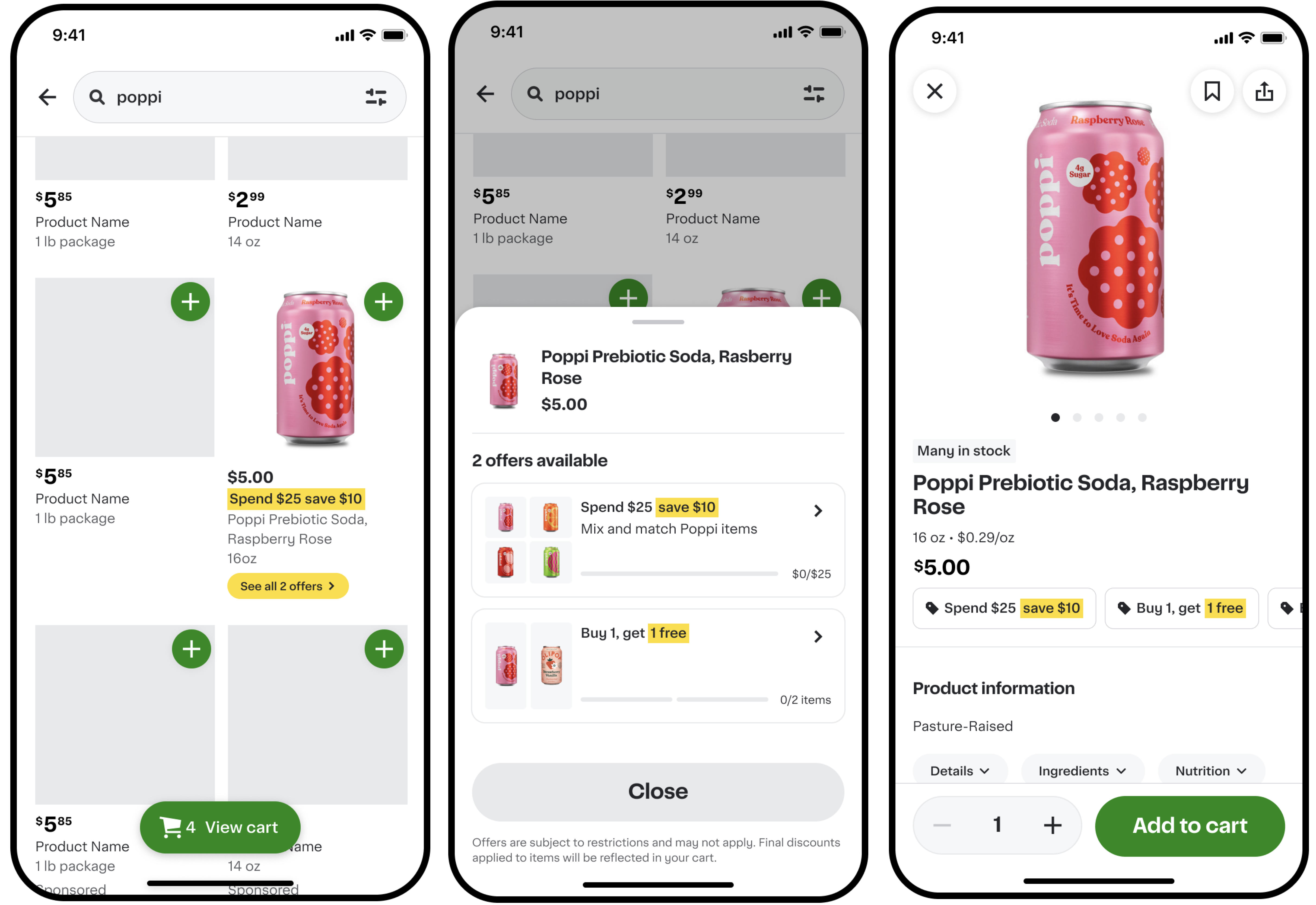 Shows Poppi Prebiotic Soda Raspberry Rose search results with a deal highlight, an offers modal with 'Spend $25 save $10' and 'Buy 1, get 1 free,' and the product detail page at $5.00.