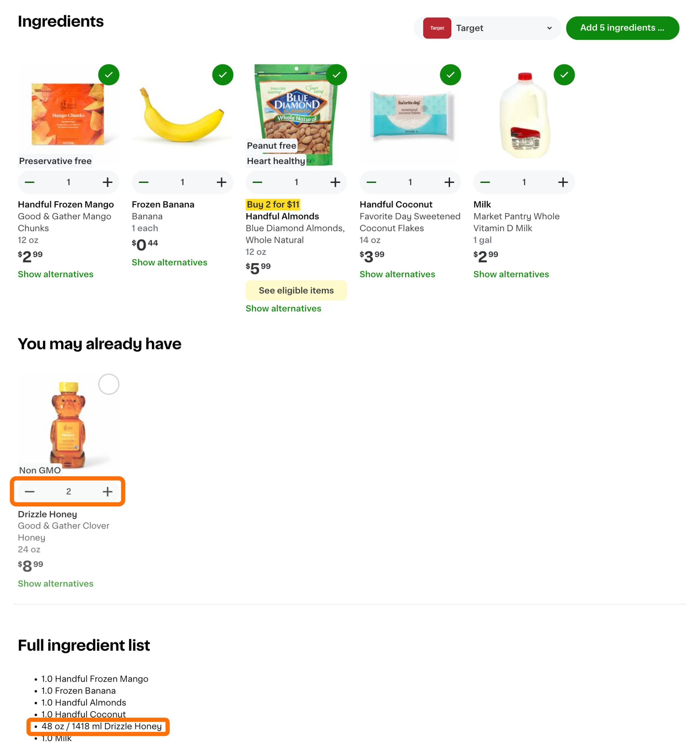 Image of a create a recipe page with multiple measurements highlighted