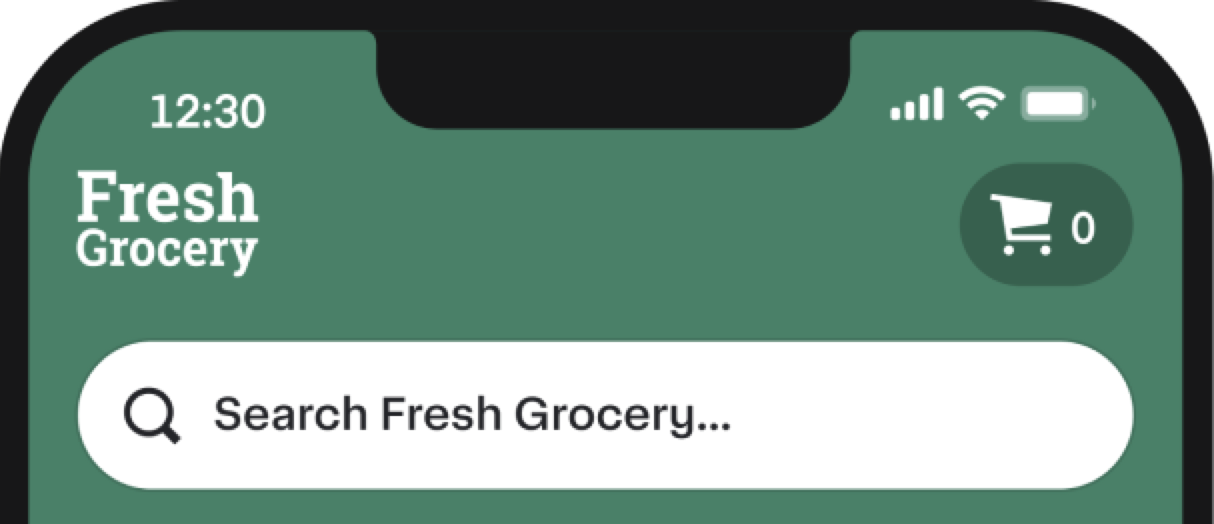 Shows a mobile app interface header for Fresh Grocery with a logo and search bar. The top right corner displays a shopping cart icon with zero items.