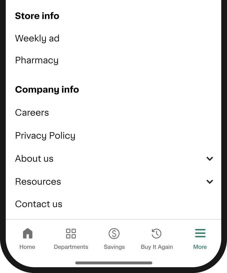 Shows a mobile menu with sections for Store info and Company info. The bottom navigation bar has icons for Home, Departments, Savings, Buy It Again, and More.