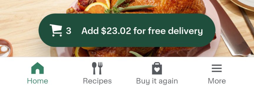 Shows an example of the native app tab bar with icons for Home, Recipes, Buy it again, and More.