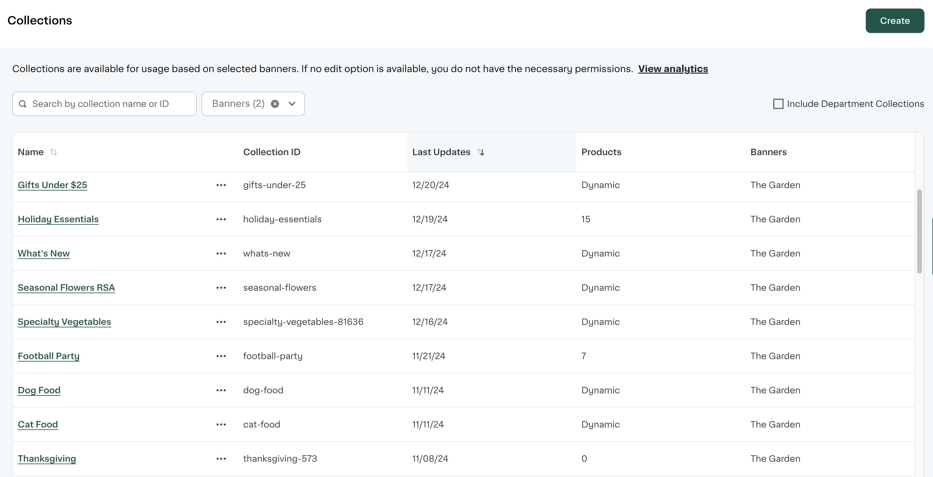 Shows the Collections tool which includes a table of collections filtered by the Garden banner. Columns include Name, Collection ID, Last Updates, Products, and Banners.