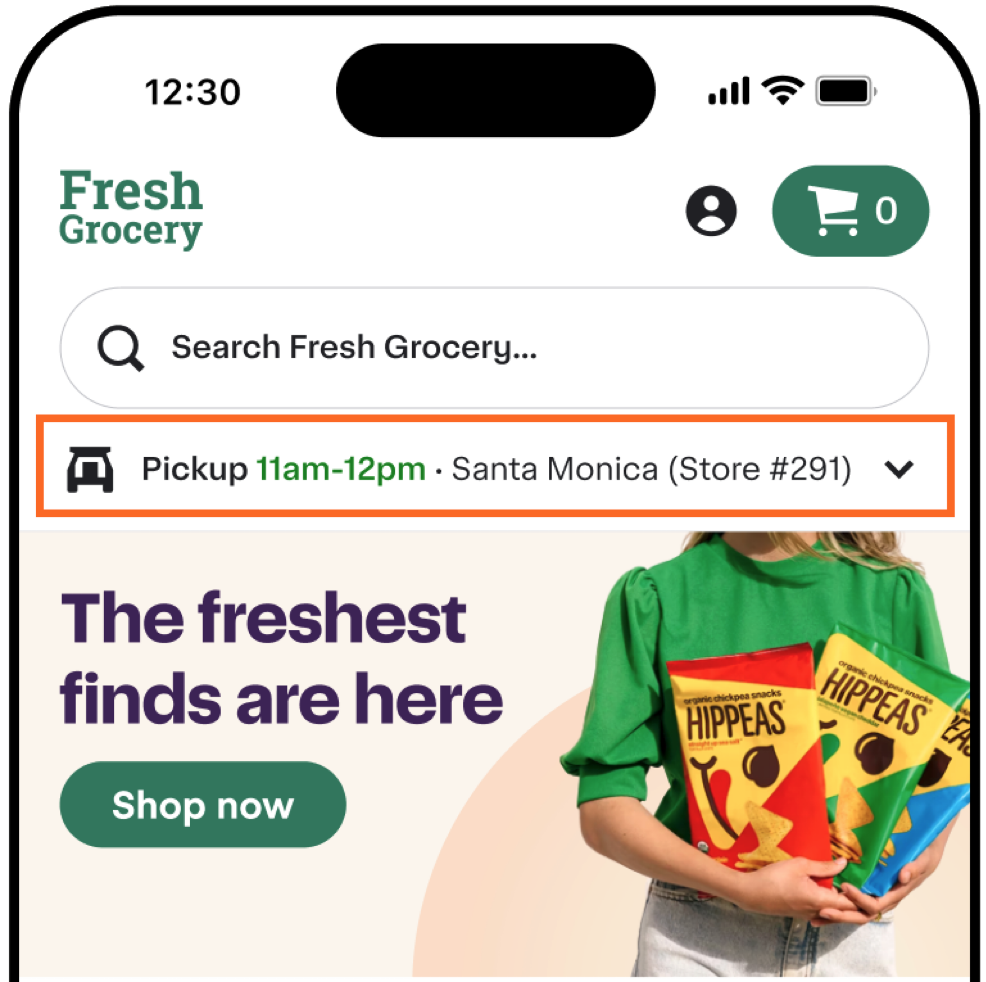 Shows a grocery app page with a pickup time of 11 am to 12 pm at Santa Monica, Store #291, located beneath a search bar and next to a cart icon.