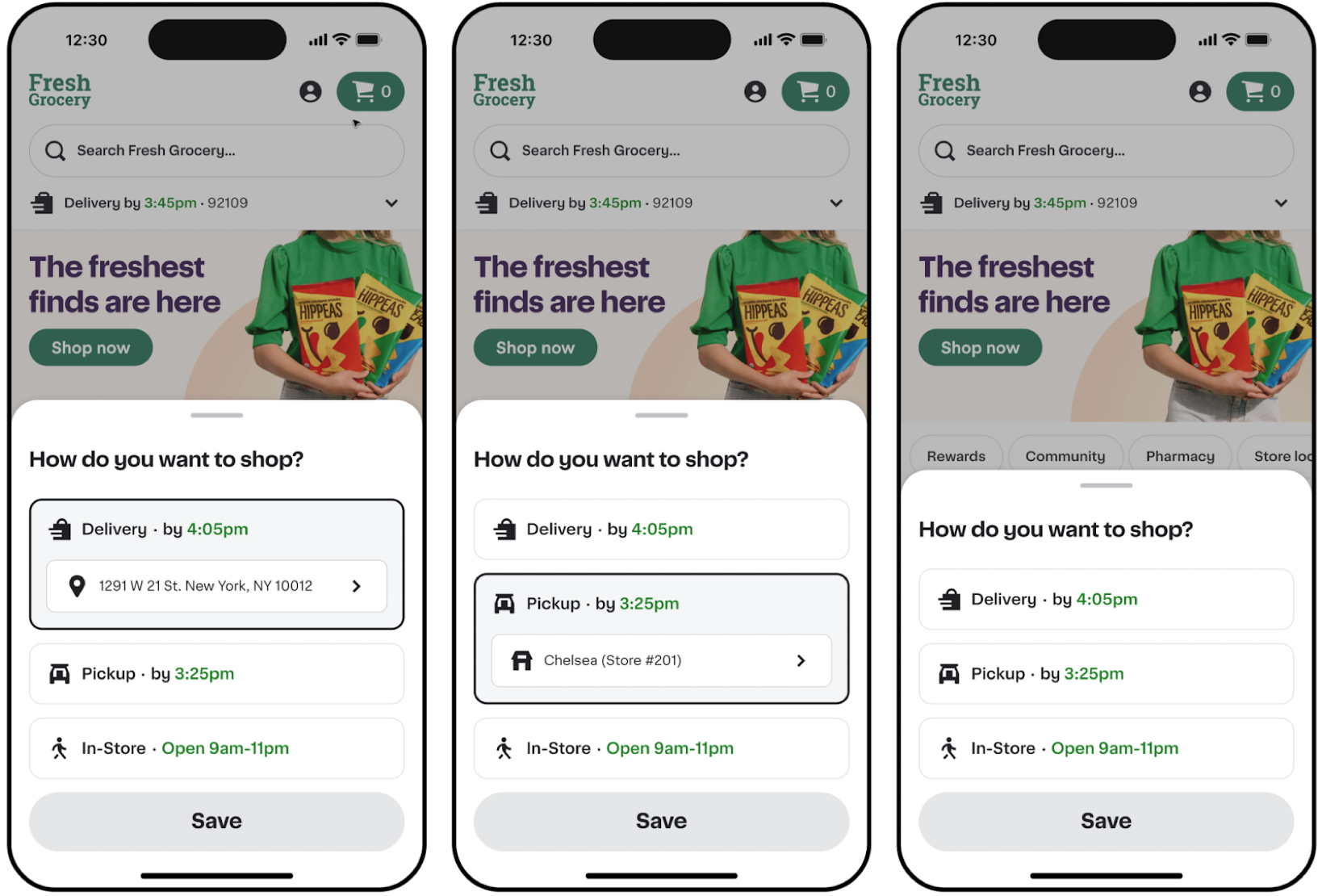 Shows a grocery app page with a pickup time of 11 am to 12 pm at Santa Monica, Store #291, located beneath a search bar and next to a cart icon.