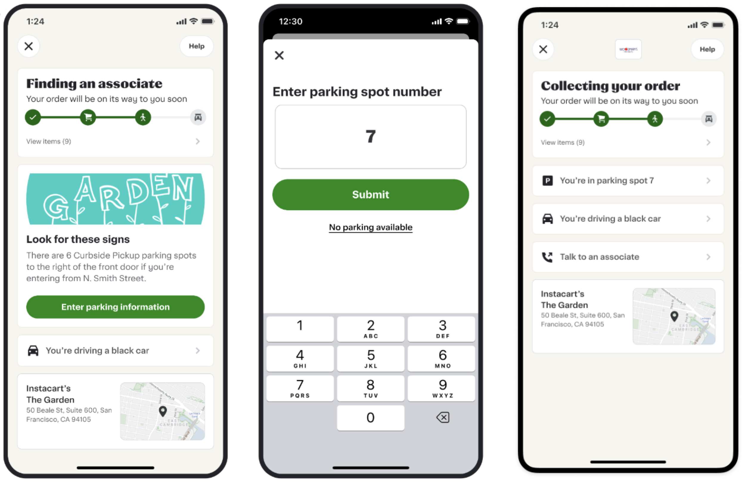 Shows three mobile app screens for curbside pickup coordination. The first screen prompts the customer to enter parking information, showing instructions about curbside spots and a map. The second screen shows a keypad for entering and submitting the parking spot number. The third screen confirms the parking spot, describes the customer&#39;s car, provides the option to talk to an associate, and shows the store location on a map.