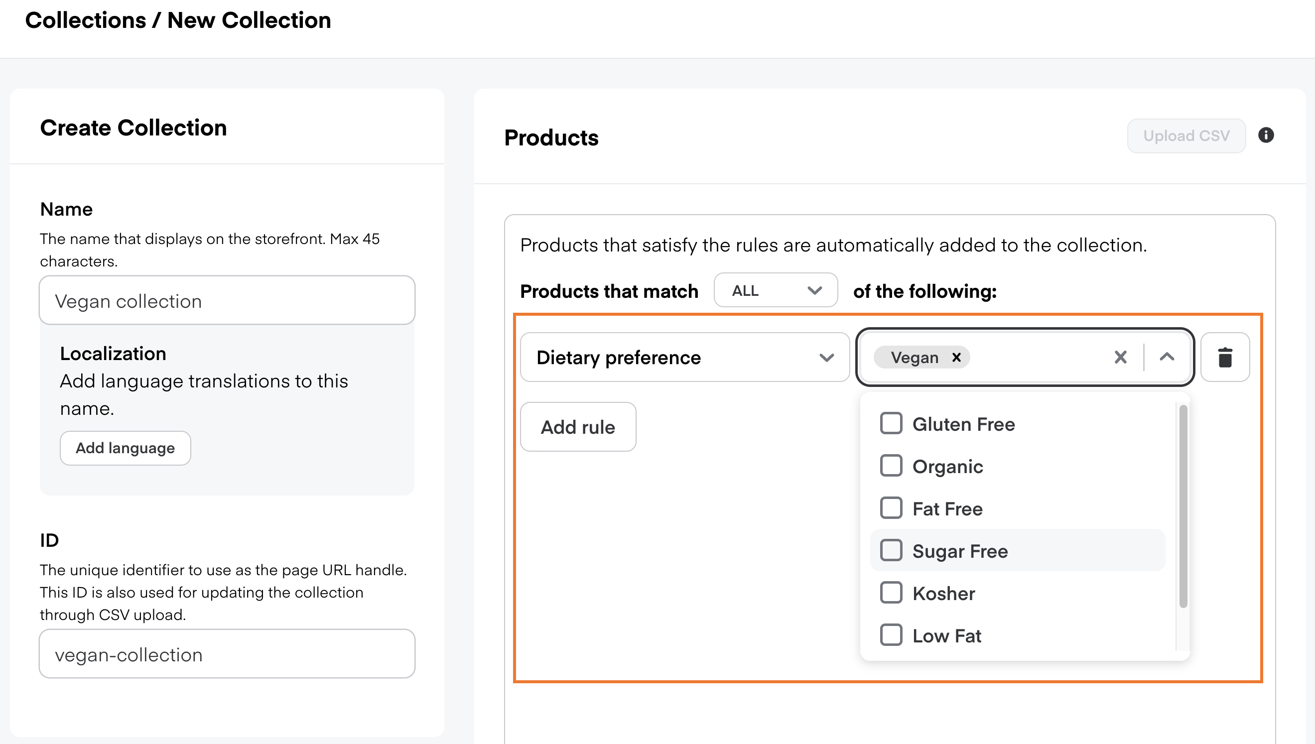 Shows rule builder for a dynamic collection. The selected rule is &quot;Dietary preference&quot;. Some options are displayed, including Gluten Free, Organic, Fat Free, and Sugar Free.