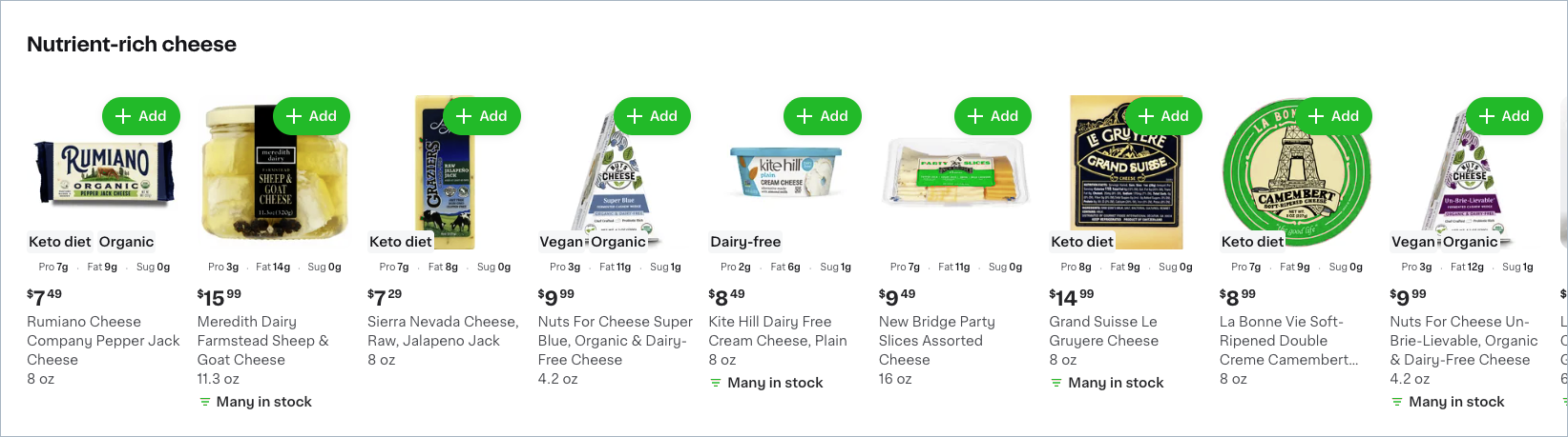 Shows a "Nutrient-rich cheese" carousel with product cards for cheese items. Each card displays a dietary tag such as "Keto diet" or "Vegan," protein, fat, and sugar amounts, a price, and an Add button.