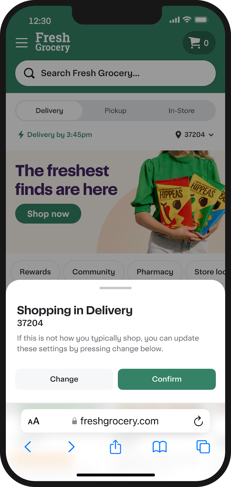 Shows a mobile screen of the Fresh Grocery storefront with a delivery option, a search bar, and promotional text for &quot;The freshest finds.&quot; Below, a pop-up allows confirming or changing the shopping context.