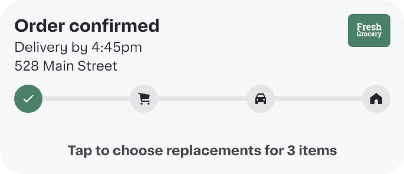 Shows an iOS Live Activity notification displaying "Order confirmed" with a delivery time of 4:45pm at 528 Main Street, a four-stage progress bar with icons for order confirmed, shopping, in transit, and delivered, a Fresh Grocery retailer logo, and an action button labeled "Tap to choose replacements for 3 items".