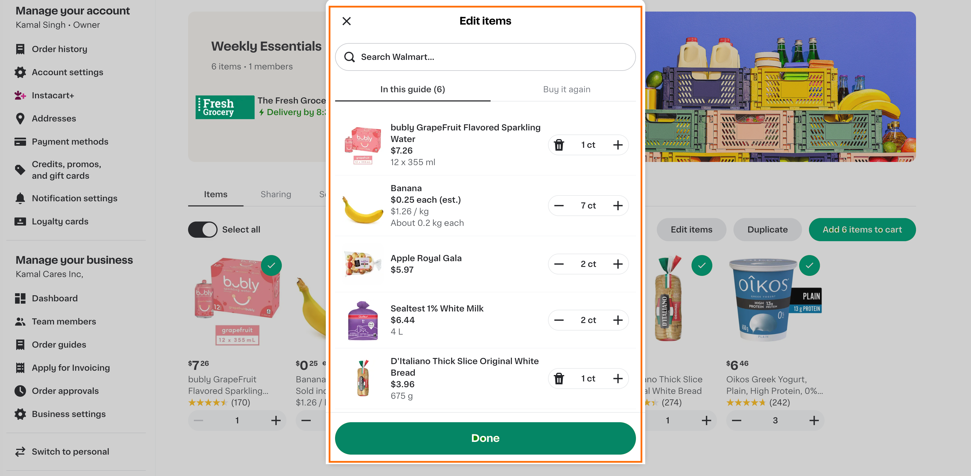 Shows the Edit items dialog for an order guide, with six items that each have buttons to change the quantity and a delete icon to remove the item.