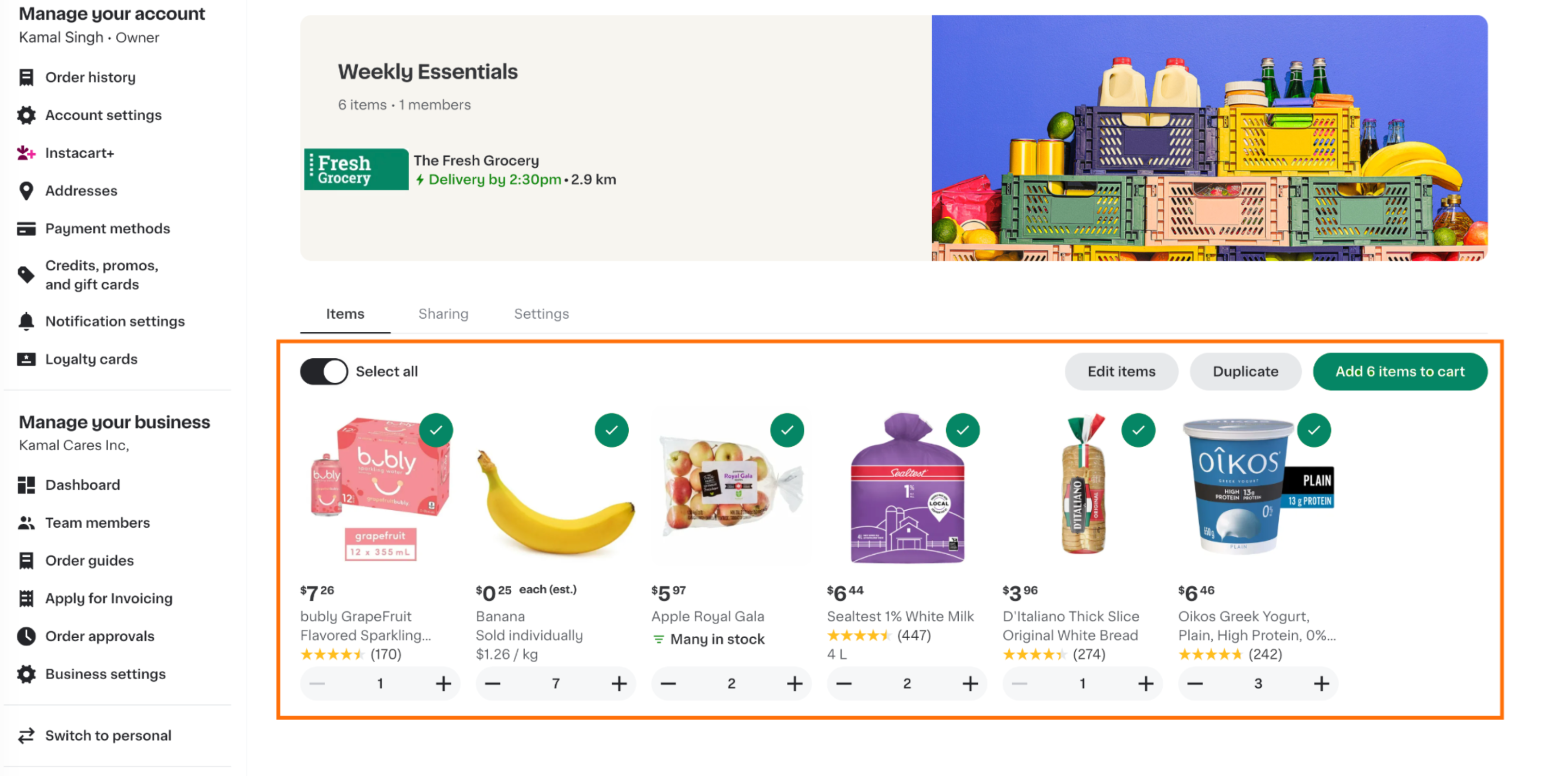 Shows an order guide detail page with six selected items, each with plus and minus buttons to set the quantity, plus Select all, Edit items, Duplicate, and Add to cart controls.